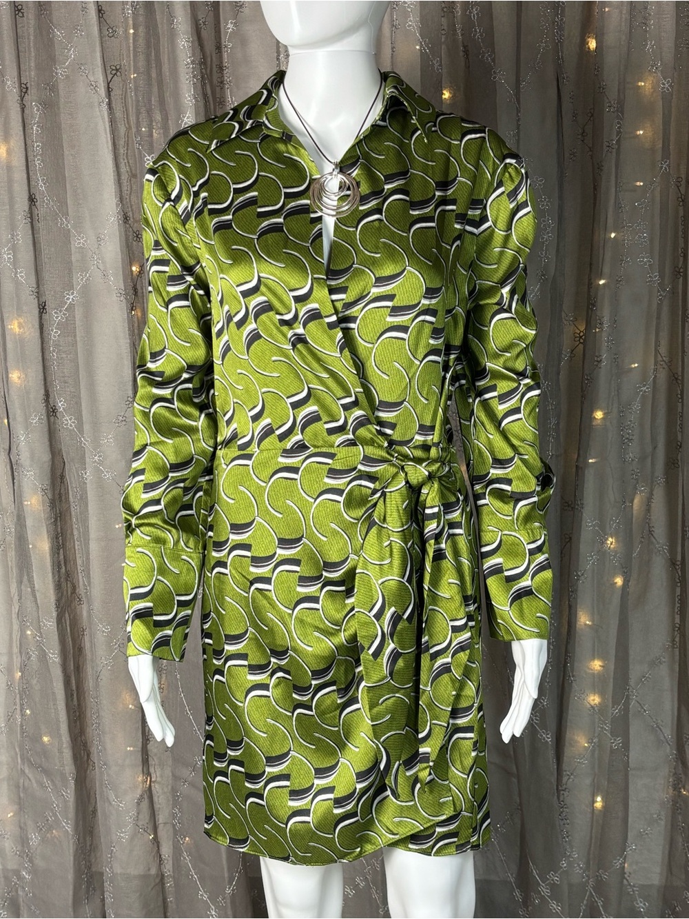 Mango Olive Green and Black Abstract Print Dress